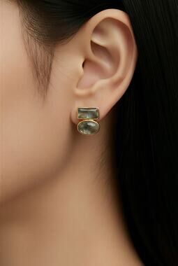 Jane Diaz Gold Plated Oval Cabochon and Baguette Stud Earrings